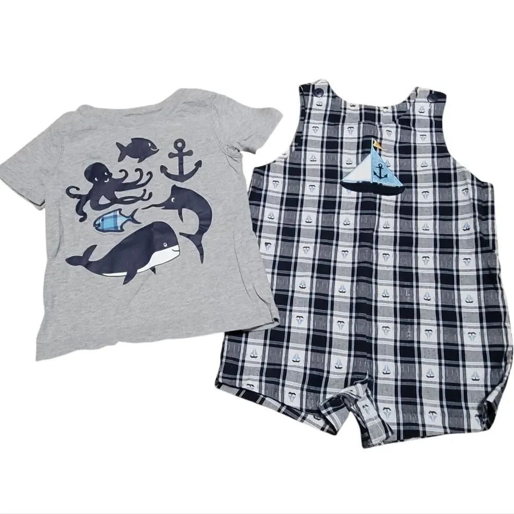 Boys plaid blue romper with boat embroidery